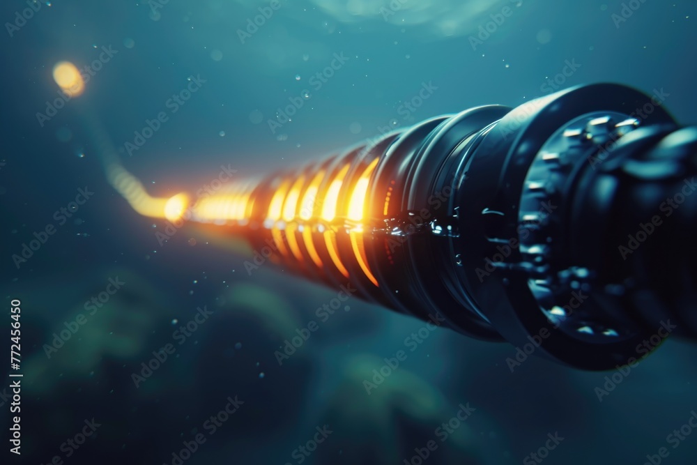 Closeup on a submarine fiberoptic cable in deep sea, hyperrealistic underwater lighting effects Closeup on a submarine fiberoptic cable in deep sea, hyperrealistic underwater lighting effects