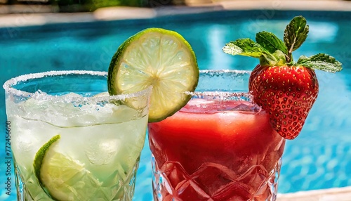 strawberry margarita and Daiquiri frozen and on ice with lime and berry fruit at pool side for summer time relaxation in the sun
