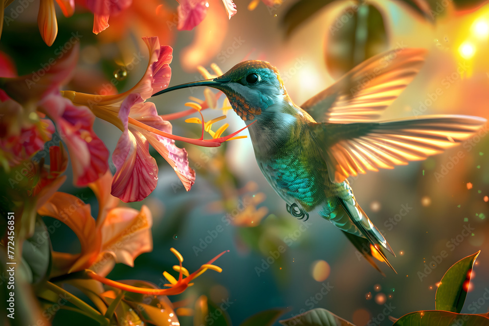 a tropical hummingbird hovering in mid-air, its iridescent feathers and delicate beak poised to sip nectar from a cluster of brightly colored blossoms a tropical hummingbird hovering in mid-air, its iridescent feathers and delicate beak poised to sip nectar from a cluster of brightly colored blossoms