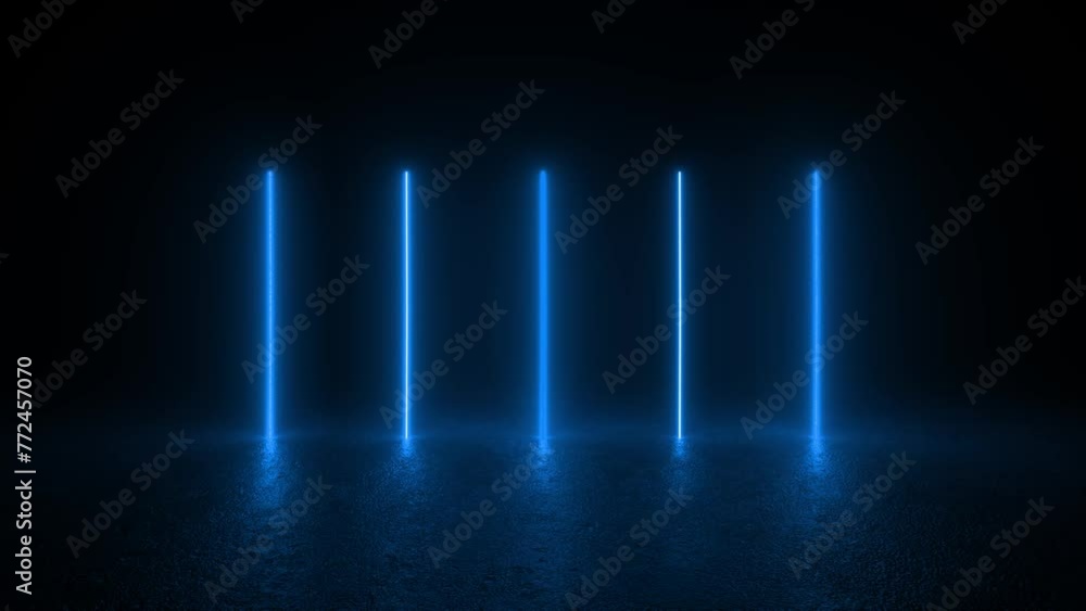 A group of 3D animation loop futuristic sci-fi blue neon tube lights glowing on a concrete floor in the dark. 4K 3D Animation Loop Futuristic Sci Fi Lines A group of 3D animation loop futuristic sci-fi blue neon tube lights glowing on a concrete floor in the dark. 4K 3D Animation Loop Futuristic Sci Fi Lines