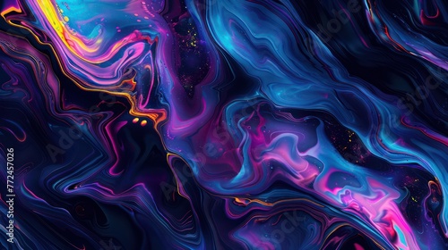 dynamic and vivid abstract fluid art painting with a mix of bright neon colors and dark hues, creating a sense of movement and energy