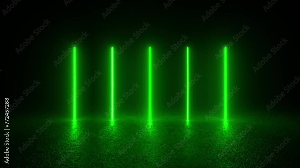 A group of green neon tube lights glowing on a concrete floor in a dark room, creating a futuristic sci-fi ambiance. 4K 3D Animation Loop Futuristic Sci Fi Lines A group of green neon tube lights glowing on a concrete floor in a dark room, creating a futuristic sci-fi ambiance. 4K 3D Animation Loop Futuristic Sci Fi Lines