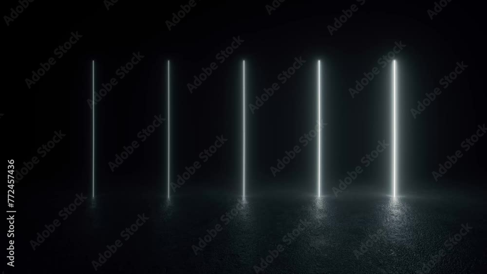 A black and white photo showcasing a row of futuristic neon tube lights glowing on a concrete floor. Glowing neon lines. 4K 3D Animation Loop A black and white photo showcasing a row of futuristic neon tube lights glowing on a concrete floor. Glowing neon lines. 4K 3D Animation Loop