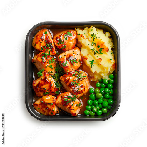 Lunch box with delicious food isolated on a white background. Mashed potatoes with vegetables.