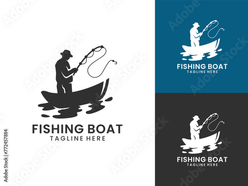 Man fishing in boat silhouette simple logo design