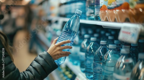 Closeup woman hand taking plastic water bottle from shelf in supermarket