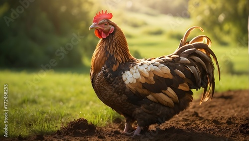 A mejestic hen, coveredin rich, brown mud, stands proudly in a lush green field, her heathers glistening in the sunlight.