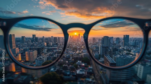 Closeup eyeglasses looking to cityscape at sunset