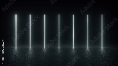 A mesmerizing display of futuristic white neon lights glowing in a row against a black backdrop. 4K 3D Animation Loop Futuristic Sci Fi Lines photo