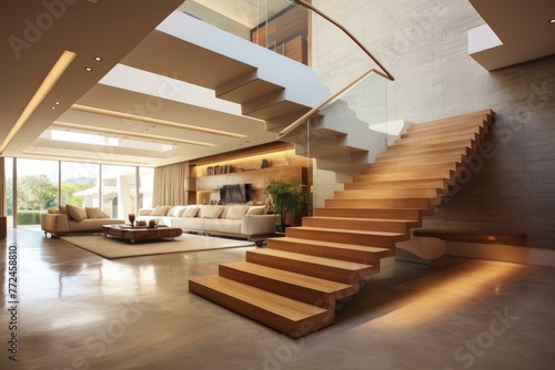 Stair luxury modern house. Indoor estate. Generate Ai