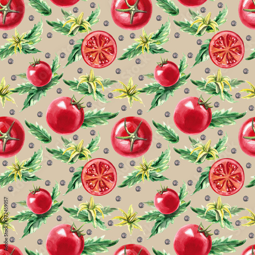 Fototapeta Naklejka Na Ścianę i Meble -  Pattern with tomatoes and flowers in watercolor illustration on a white background. Hand drawn illustration pattern for fabrics, packaging, cookbooks.