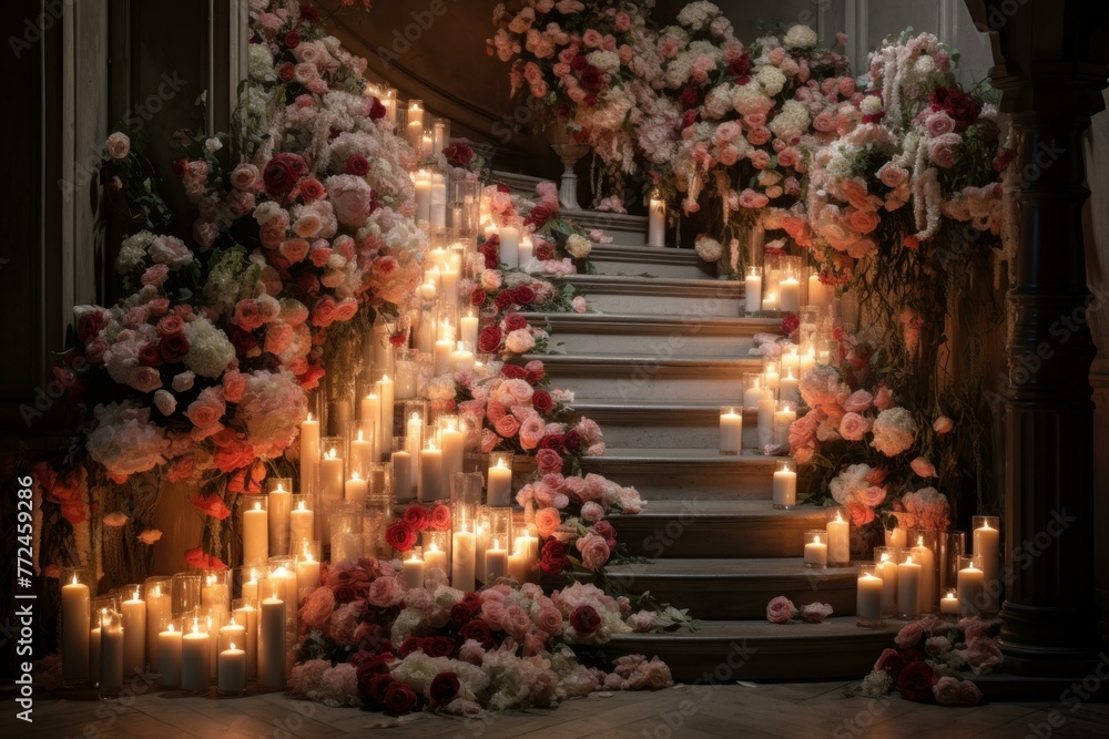 Stairs candles flowers. Romantic rustic. Generate Ai