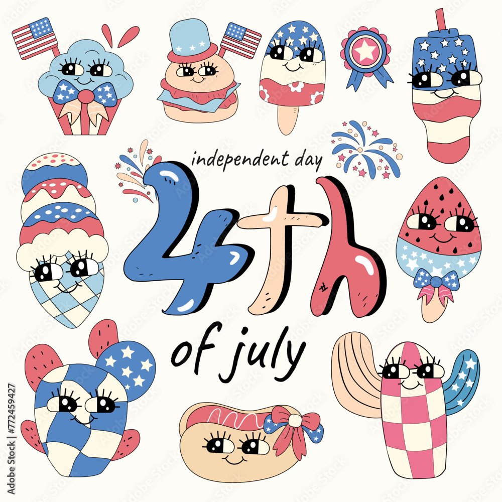 Fototapeta premium Flat 4th of july elements collection, Flat background for american 4th of July celebration, independence day concept