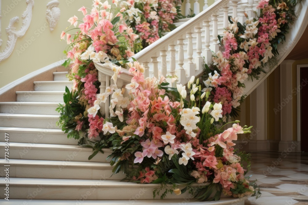 Stairs candles flowers house. Luxury decor. Generate Ai Stairs candles flowers house. Luxury decor. Generate Ai