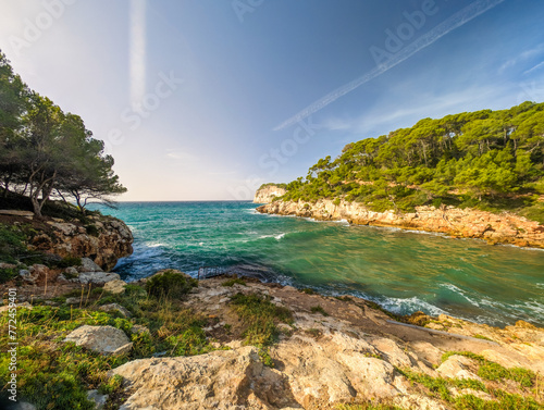 Aerial drone ciew of Platja de Cala Galdana, Menorca photo