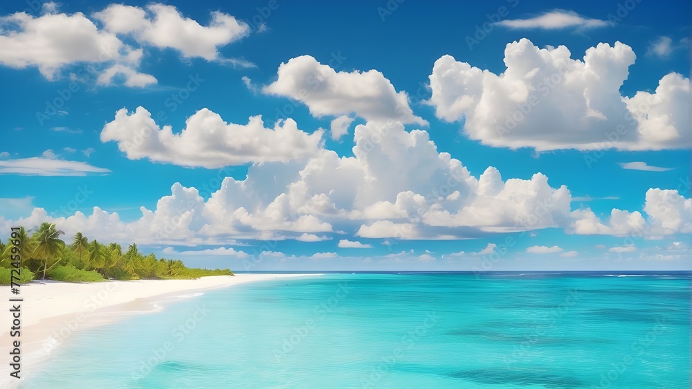 blue sky and sea Gorgeous white sand beach with peaceful, rolling waves of the turquoise ocean on a sunny day with white clouds in the blue sky in the backdrop. Island in the Maldives with a stunningl