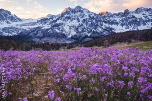 A vast summer meadow bursting with wildflowers stretches across a scenic alpine landscape beneath snow-capped mountain peaks