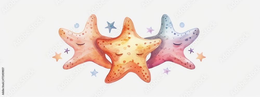 Watercolor starfish in a pastel dream, cartoon eyes closed, on white