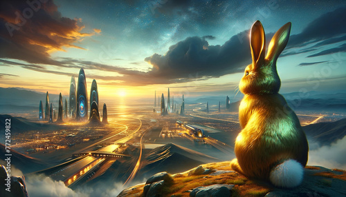 A glossy golden bunny statue sits in contemplation on a hill, gazing at a sprawling sci-fi city with advanced structures under a twilight sky.