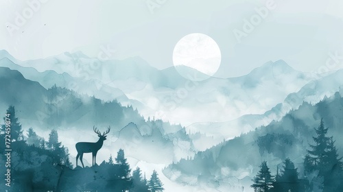Watercolor rolling pastel fog  hills emerging  minimal cartoon deer grazing