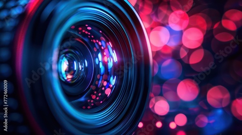A detailed close-up of a camera lens, surrounded by vivid LED bokeh lights, portraying technological advancement and photography concepts photo
