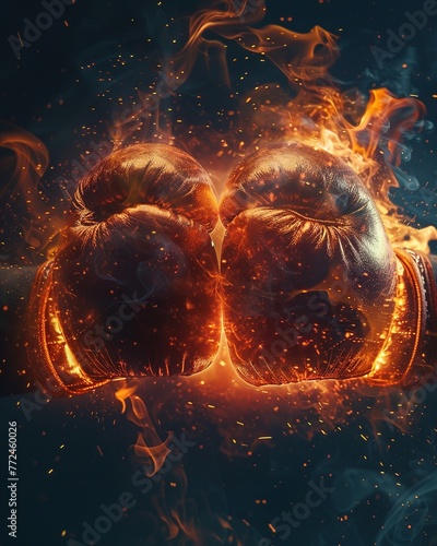 Boxing gloves on fire, clashing with VS glowing between, highenergy backdrop for wide poster , professional color grading