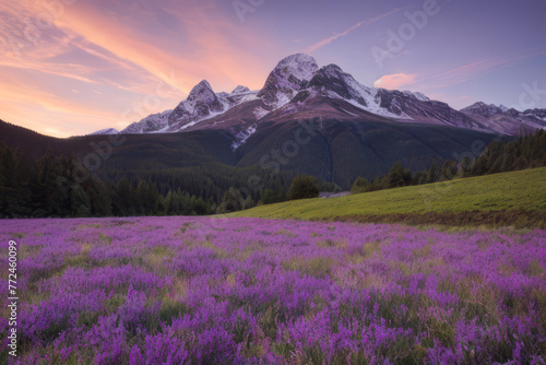 Scenic mountain landscape transitions from a lavender field at its base to snow-capped peaks under a dramatic sunrise sky