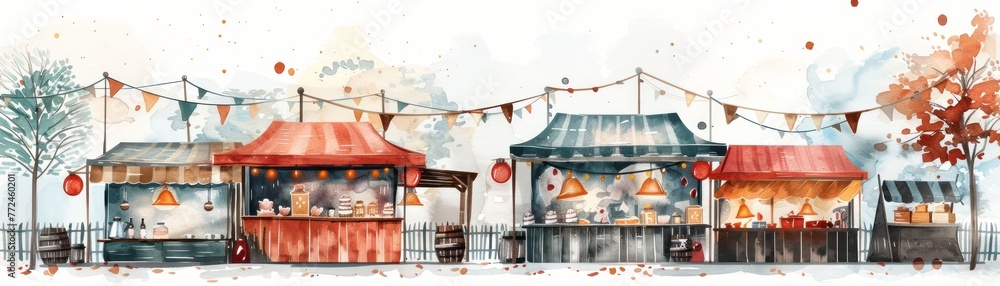 Summer Christmas market, hand-drawn watercolor style, minimal cartoon, pastel shades, white background