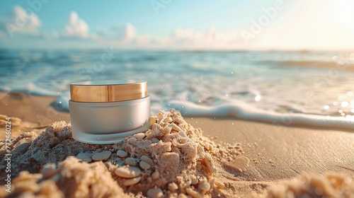 Cosmetic product mockup on sandy beach  golden hour light  clear blue sky  wide banner  space for text   professional color grading