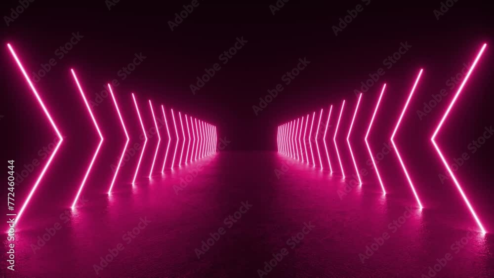 A tunnel lined with glowing neon lights casting reflections on the ...