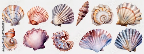 Minimal watercolor seashells, soft pastel colors, cartoon details on white