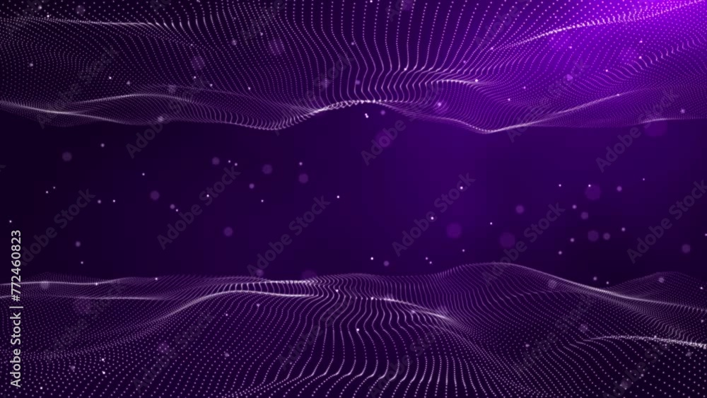 Flying particles between two mesh oscillating surfaces on a purple background. Bokeh particles. Abstract animation.