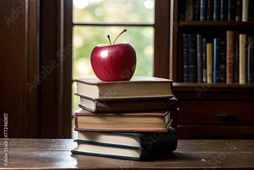 Una pequeña, pero deliciosa manzana roja en la parte de arriba de una pila de libros photo