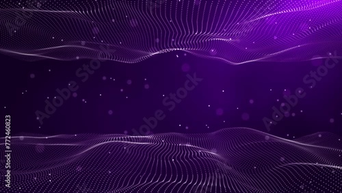 Flying particles between two mesh oscillating surfaces on a purple background. Bokeh particles. Abstract animation.