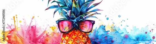 Cartoon watercolor pineapple wearing sunglasses, pastel hues on white
