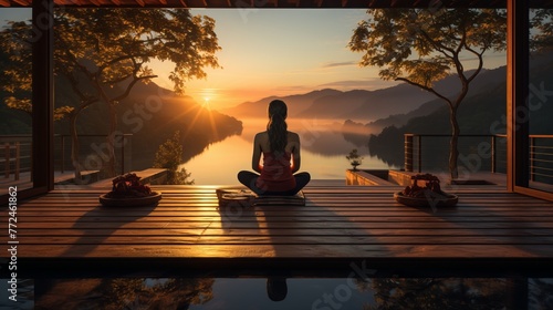 A young woman practicing yoga at sunrise in a serene outdoor setting  promoting the importance of mindfulness and flexibility in a fitness routine.
