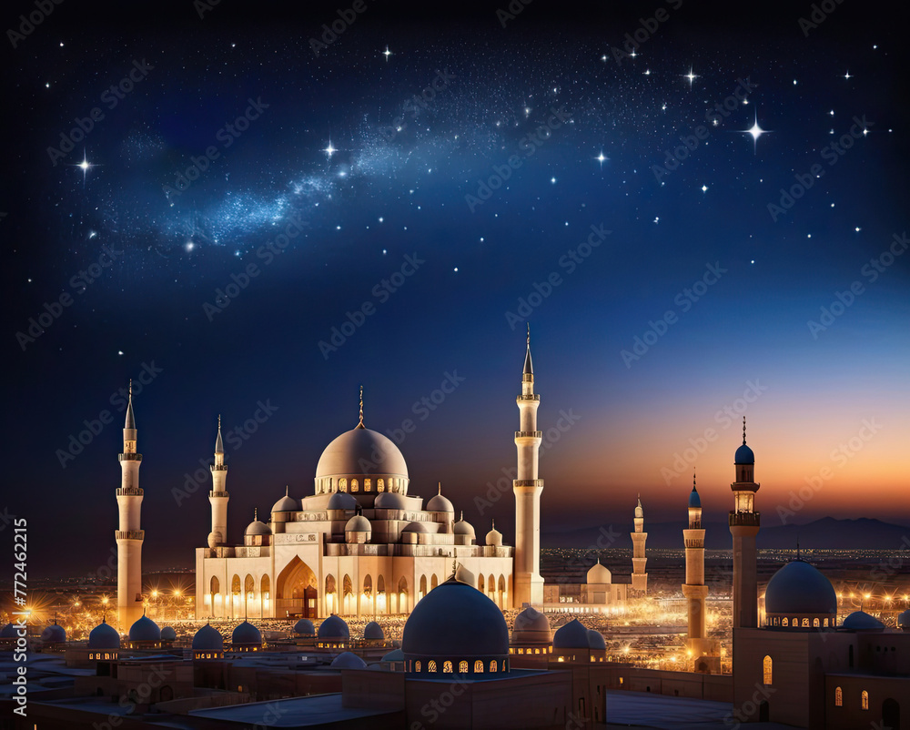 a mosque lit up at night with a milky in the background