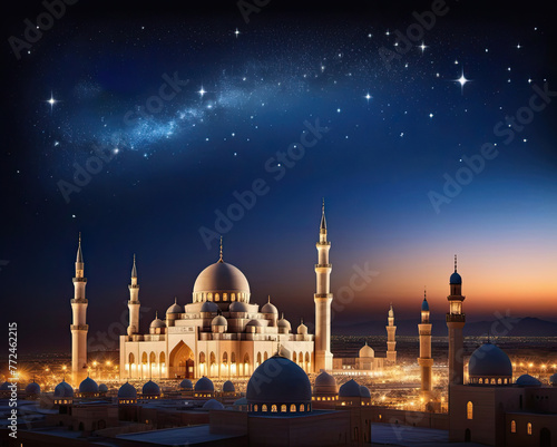 a mosque lit up at night with a milky in the background