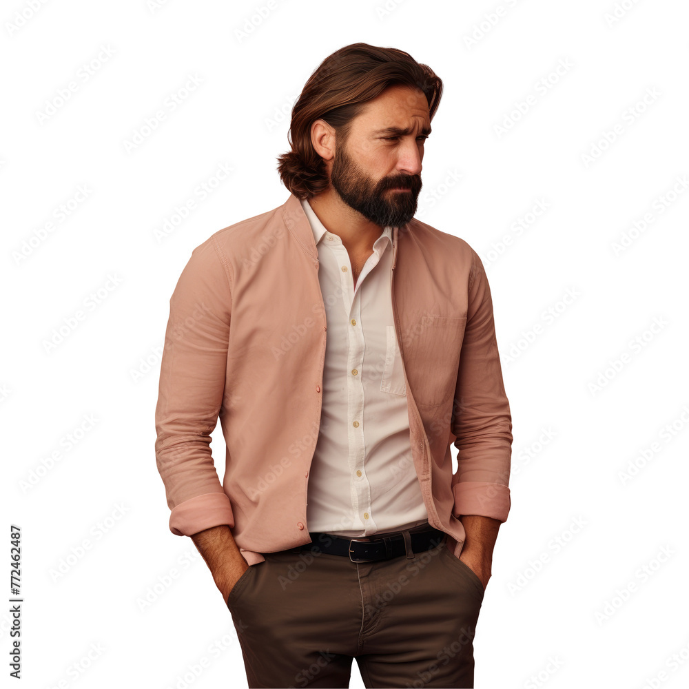 The man with a beard is wearing a pink dress shirt with a blazer, showcasing his facial hair. His jawline and sleeve gesture add to his formal wear look on transparent The man with a beard is wearing a pink dress shirt with a blazer, showcasing his facial hair. His jawline and sleeve gesture add to his formal wear look on transparent