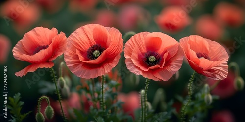 Closeup view of vibrant poppy flowers on Remembrance Day a national holiday to honor fallen soldiers. Concept Remembrance Day, Poppy Flowers, Closeup View, National Holiday, Fallen Soldiers