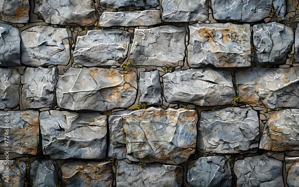 Detailed view of a stone wall texture with variations in color and moss growth, highlighting nature's impact on human-made structures Detailed view of a stone wall texture with variations in color and moss growth, highlighting nature's impact on human-made structures