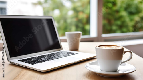  A cup of warm coffee on a office work table, with a mockup laptop ,white background , Generate AI