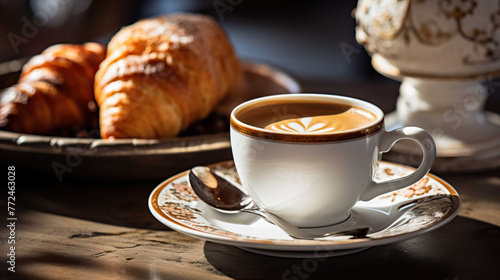  A cup of warm coffee on a round table  with a plate of pastries  white background   Generate AI