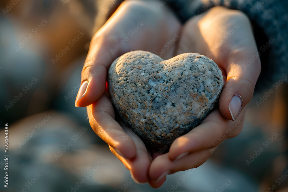 a person's hands holding a heart-shaped stone, with soft light and warm tones conveying a sense of love and nurturing towards oneself a person's hands holding a heart-shaped stone, with soft light and warm tones conveying a sense of love and nurturing towards oneself