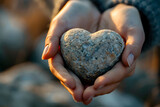 a person's hands holding a heart-shaped stone, with soft light and warm tones conveying a sense of love and nurturing towards oneself