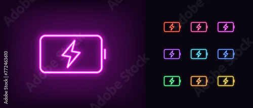 Outline neon battery icon set. Glowing neon electric battery with lightning sign. Charging accumulator, electric energy and fuel, fast charge effect, recharge, smart battery charging. Vector icon set