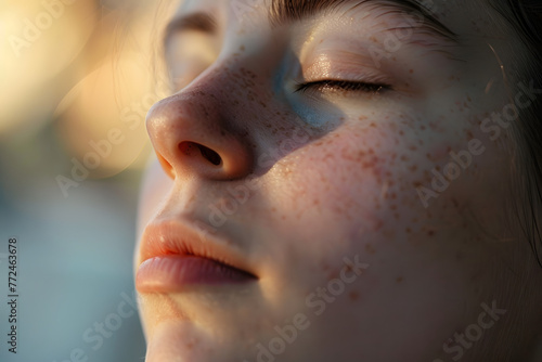 a person's face as they practice deep breathing exercises, with a serene expression and soft focus background