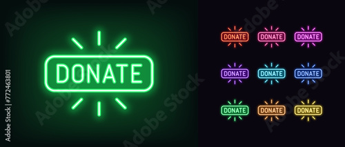 Outline neon donate icon set. Glowing neon donate button with rays. Donation in social media, online fundraise, give money gift, sponsor and support by donation, help and charity. Vector icon set
