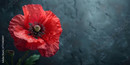 Red poppy flower on black background symbolizing remembrance for Anzac Day Memorial Day and Remembrance Day. Concept Anzac Day, Memorial Day, Remembrance Day, Red Poppy Flower, Symbolism photo
