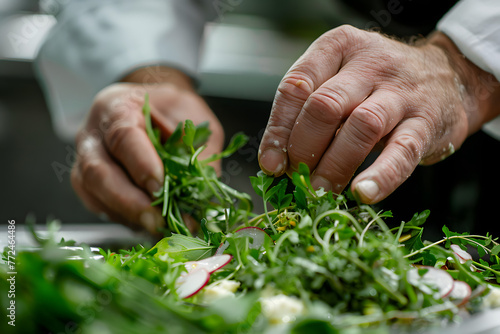 a chef's hands garnishing a dish with fresh herbs